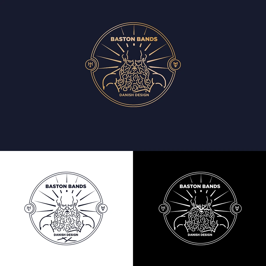 Grafisk identitet til Baston Bands – Danish Design logo i guld, mørk og lys version