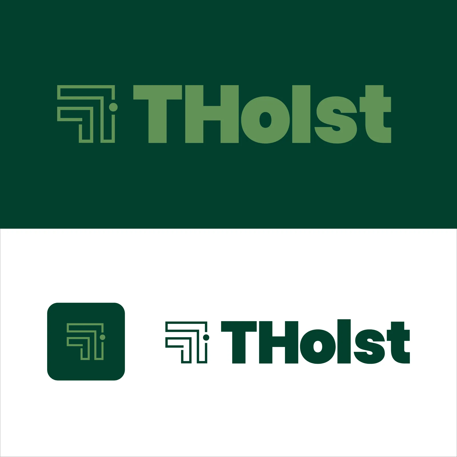Grafisk identitet til THolst – logo i lys grøn på mørkegrøn og mørkegrøn på hvid