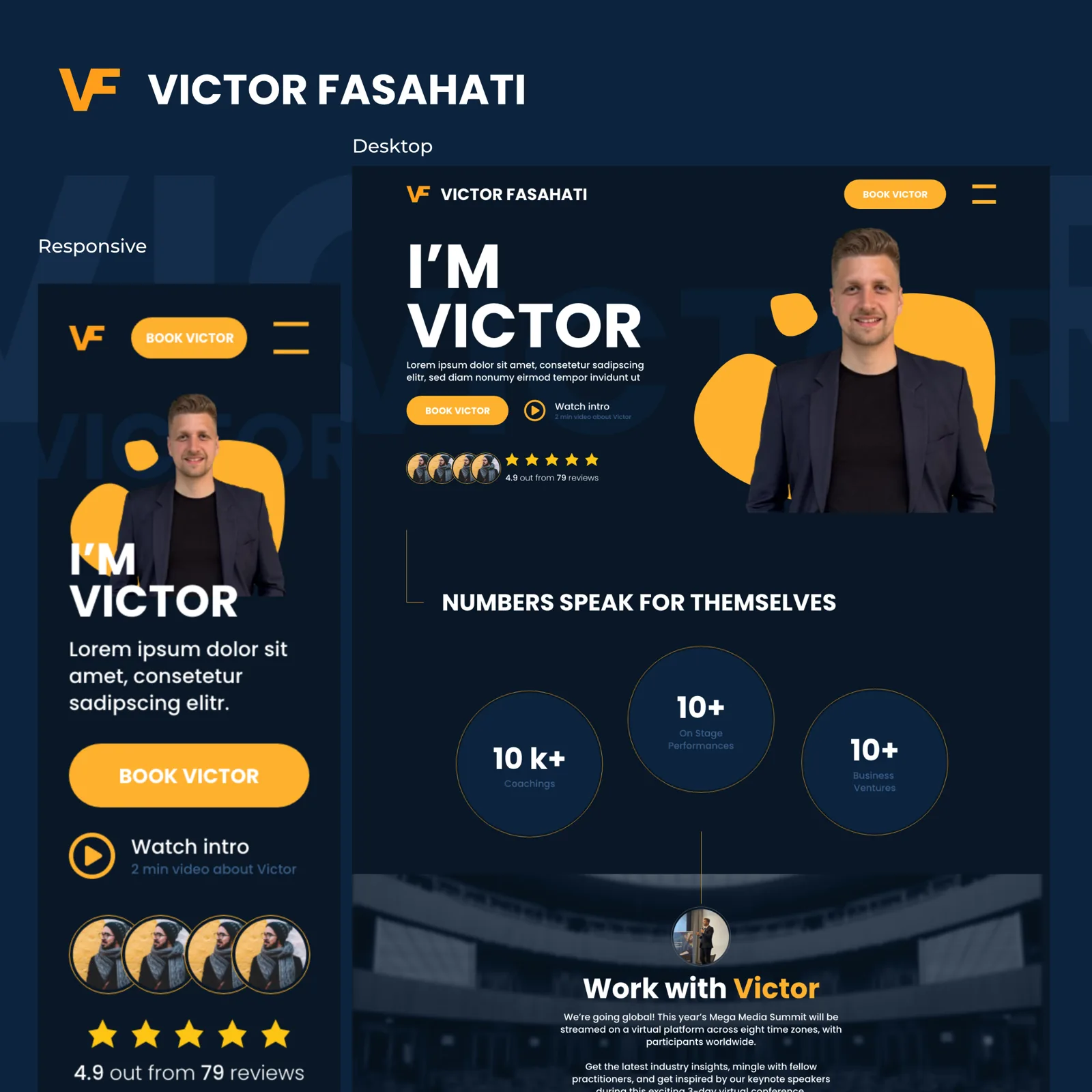 Webdesign til Victor Fasahati – desktop og responsivt design med orange logo på mørkeblå baggrund